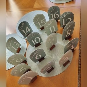 Rustic-style wedding dinner table numbers (1-16) and 9 sweet table snack signs.